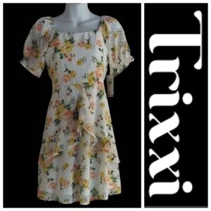 NWT Trixxi Yellow and Peach Puff Sleeve dress ~16